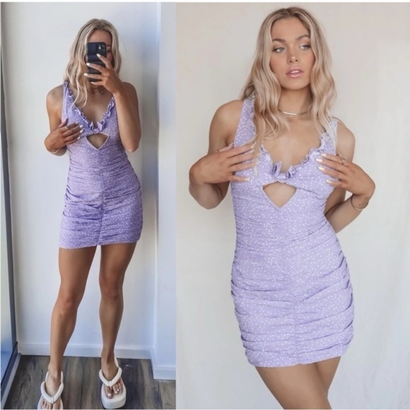 For Love And Lemons Dresses & Skirts - For Love And Lemons Chelsea  Purple Polka dot Ruched Mini Dress Sz 2